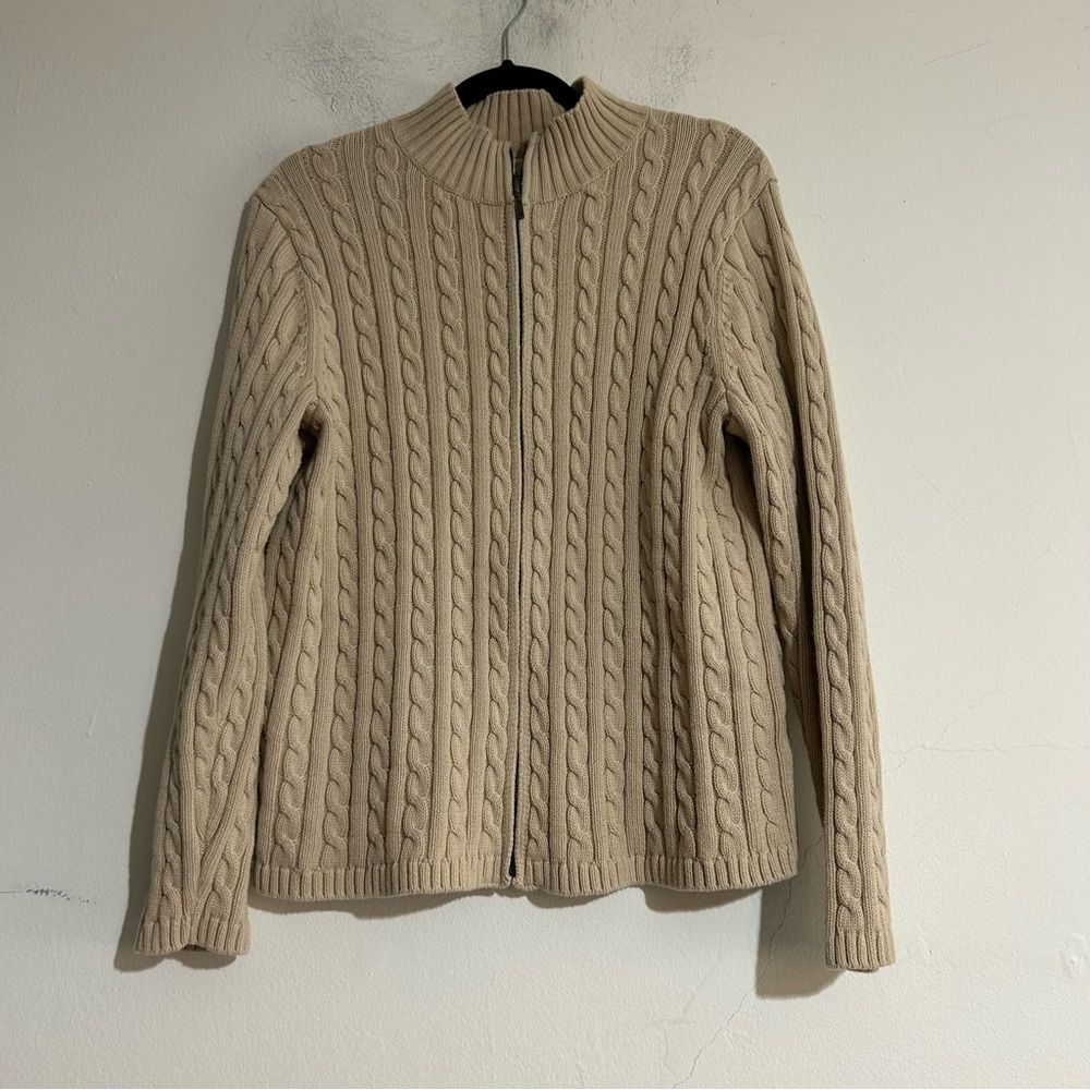 L.L. Bean Men's Cable Knit Full Zip Sweater Beige 1X Preppy Fisherman Coastal
